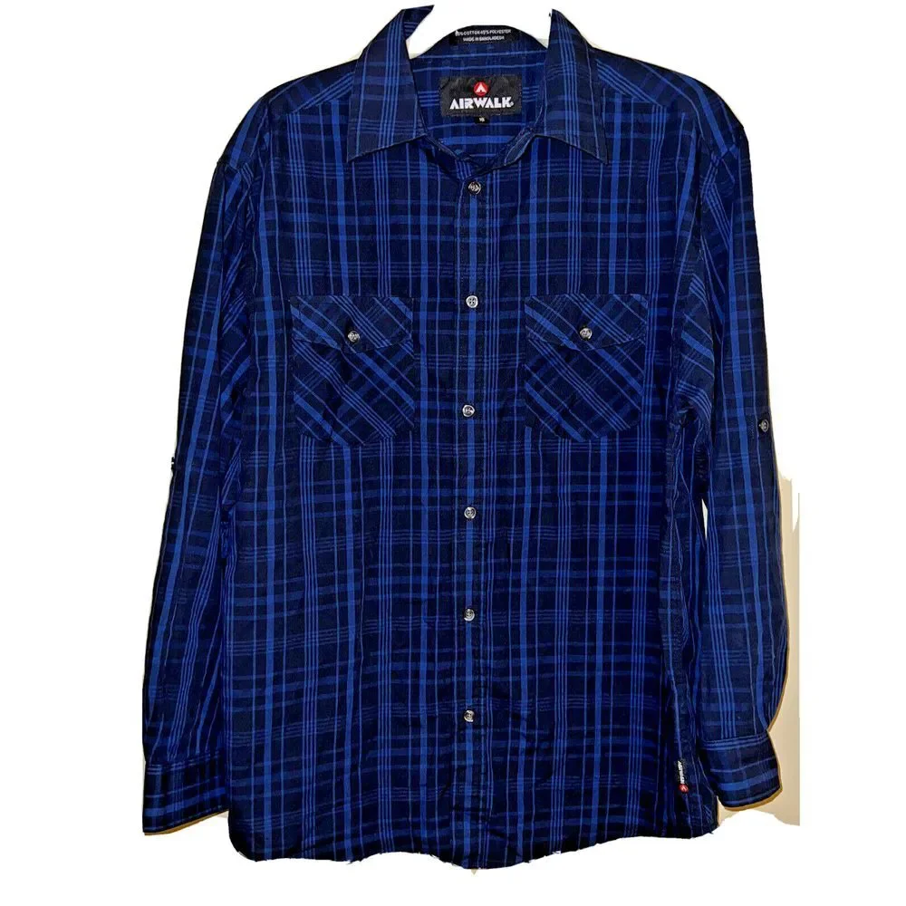Airwalk Boys Size 18‎ Black Blue Plaid Long Sleeve Button Down Shirt